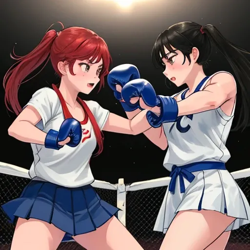 Martial Arts Rings、A cute high school girl desperately punching the other female athlete、I&#39;m in a hurry、Slender body、Sports Bra、High leg shorts、Shortness of breath with open mouth、Very sweaty and wet、Short black hair、Poor body、Small breasts、Open Finger...