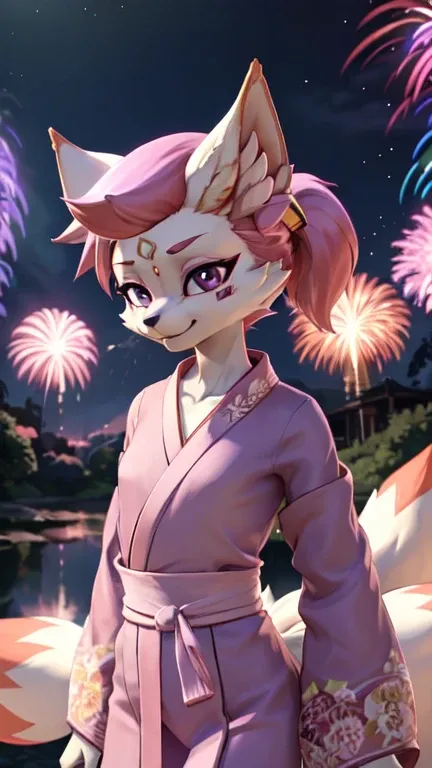 kimiko five-tails, furry female anthro, fox girl, white body fur, pink hair, ((pink kimono, lilac flower on hair)), small breast...