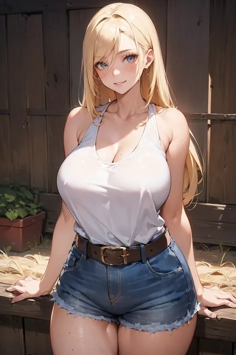 (((SHARP detail perfect face))), (nice hips), detailed skin, ((masterpiece)), best quality, (SHARP details), 4k, ((farmgirl)), (((farm))), (loose tank top),  ((white tank top)), ((blonde hair)), sweat, ((huge breasts)), amber eyes, looking at viewer, ((lon...