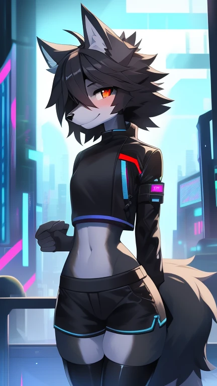 Best quality, Super detailed illustration, (fluffy wolf boy:1.4), (matte black fur color:1.4), feminine face and body, disheveled thick hair, cyberpunk clothing, short shorts, Tight stockings, shy smile, Femboy, small waist, wide hips, Slim, Perfect body, ...