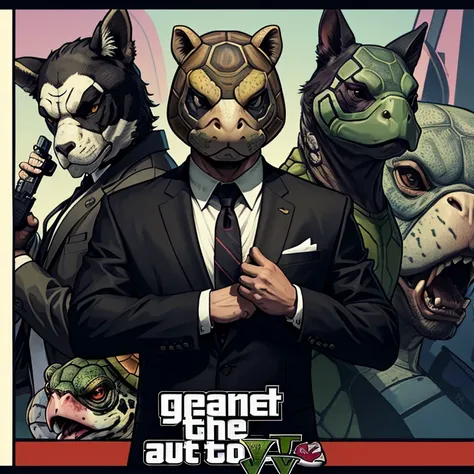 Generates a Grand Theft Auto style image/poster that a person with a turtle mask with a suit in gta v with a team of animals behind