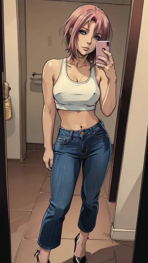 vector image, 2d cartoon,masterpiece, An anime woman, blush,colored hair, provocative makeup,tight bootcut jeans, heels, leather dark jacket, crop-top, taking disgraced selfie:1.3, in restroom,