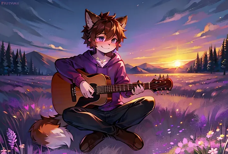 Flower Field，Full of lavender，The only person，Brown hair，Purple Hoodie，Purple Eyes，Orange fur，Sitting on the ground with legs crossed，Play the guitar，Pleasant look，Sunset，Boys，Wolf ears，Smile，Slightly blushing