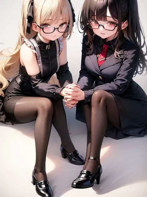 ((highest quality)), ((masterpiece)), (detailed), (whole body), (Two Girls:1.6),
((Girl 1, Black Hair、Glasses、Short Hair, Black business suit、Pencil Skirt、Black Pantyhose、High heels)),
((Girl 2, Blonde、Long Hair, Blue sailor suit、Black high socks、loafers))...