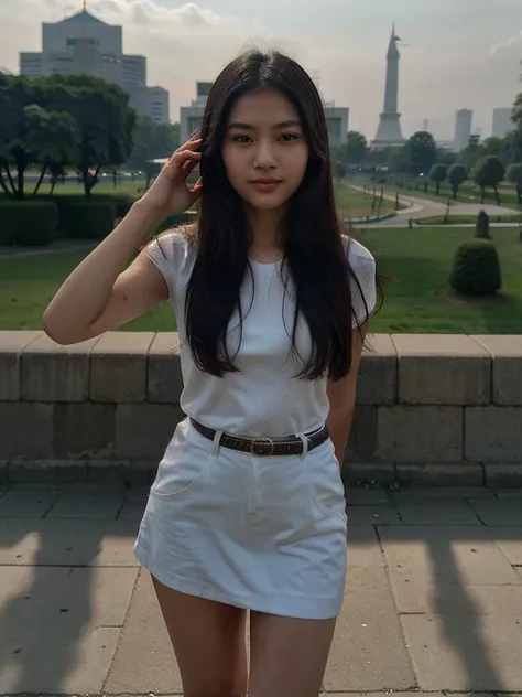 A beautiful Asian woman, 20 years old, with a captivating smile, perfect body, long black hair, is standing in front of the National Monument (Monas). The masterpiece-quality image is captured with the highest image quality, high resolution, and ultra-deta...