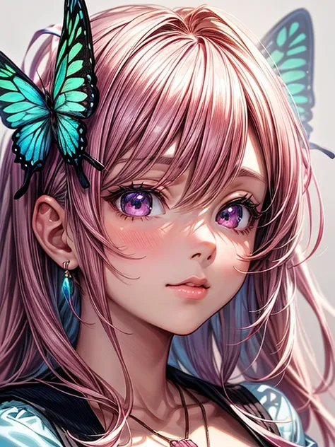 anime girl with pink hair and butterfly necklace, Kawaii realistic portrait, cute anime girl portraits, cute anime girl portrait, portrait anime girl, detailed portrait of an anime girl, Portrait of a cute anime girl, detailed digital anime art, anime girl...