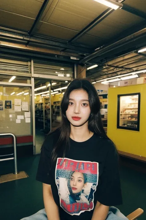 chica de cuerpo completo, arafed woman in a la camisa negra sitting, background in the airplane museum, outlive ropa de calle collection, camiseta negra, tendencia en r/ropa de calle, foto oficial del producto, she is wearing ropa de calle, retrato en plan...