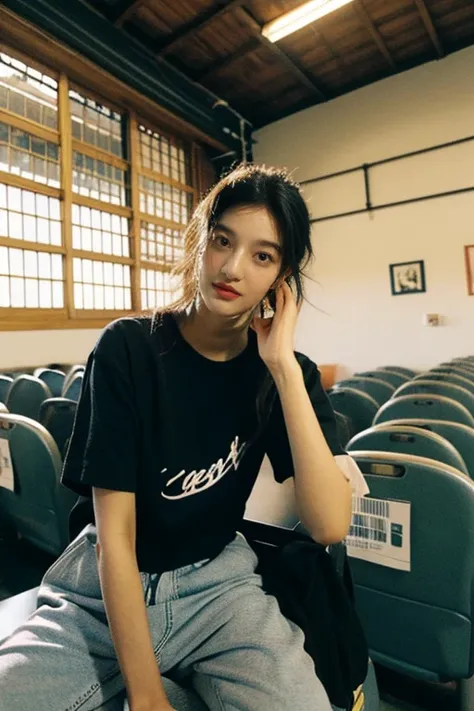 chica de cuerpo completo, arafed woman in a la camisa negra sitting, background in the airplane museum, outlive ropa de calle collection, camiseta negra, tendencia en r/ropa de calle, foto oficial del producto, she is wearing ropa de calle, retrato en plan...