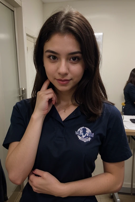 Selfie 20 years latin girl dressed in nursing student navy blue uniform 