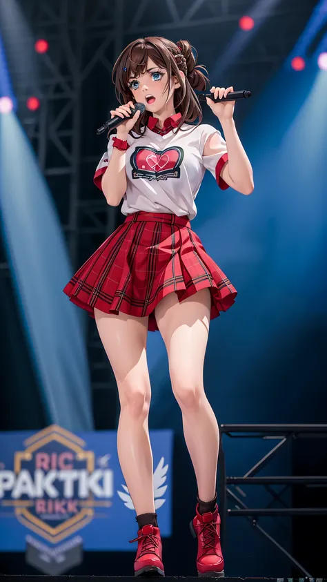 masterpiece, (best quality), 1woman,1girl,dark brown hair , blue eyes,very short under twin-tail hair,young woman ,french braid , best quality ,middle breasts,logo printed shirts,mini Tartan skirt, full body:1.6,singing rock live stage,crying,red tieek,gir...