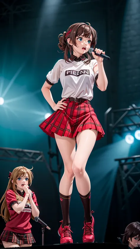 masterpiece, (best quality), 1woman,1girl,dark brown hair , blue eyes,very short under twin-tail hair,young woman ,french braid , best quality ,middle breasts,logo printed shirts,mini Tartan skirt, full body:1.6,singing rock live stage,crying,red tieek,gir...