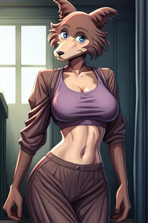 Beastars art style, beastars, Juno, brown wolf, she Wolf, 1girl, furry, long curly brown fur, slim figure, blue eyes, wide hips, big breasts, baggy crop top, midriff