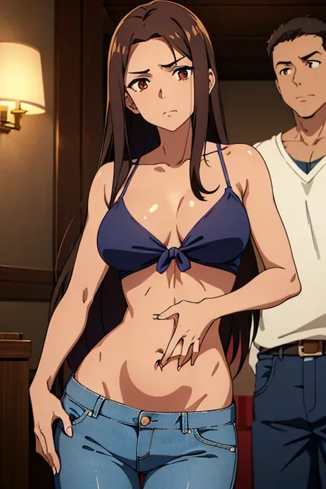 ((best quality)), ((masterpiece)), (detailed), perfect face, brown skin anime woman in a deep v neck tied top, (bare shoulders), (jeans trousers), famished in hunger, (gently resting hands on stomach), (long hair), (hands on her stomach), (slim woman), (sh...