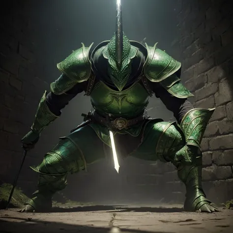 (master piece:1.5), (best quality:1.5), (exquisite lighting and shadow, highly dramatic picture, cinematic lens effect) (Photorealistic picture) (Card game image) 8k, wallpaper, dynamic pose, full body lizard man warrior, wearing a green leather armor, hol...