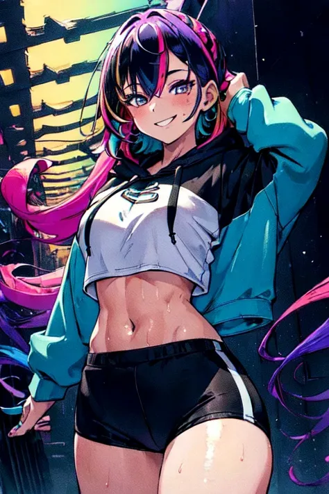 (best quality, masterpiece), (extremely detailed:1.3), (1girl:1.4), HDR, multicolored hair, hoodie, midriff, synth wave, spot color, colored spectrum, active pose, sweating , smiling,