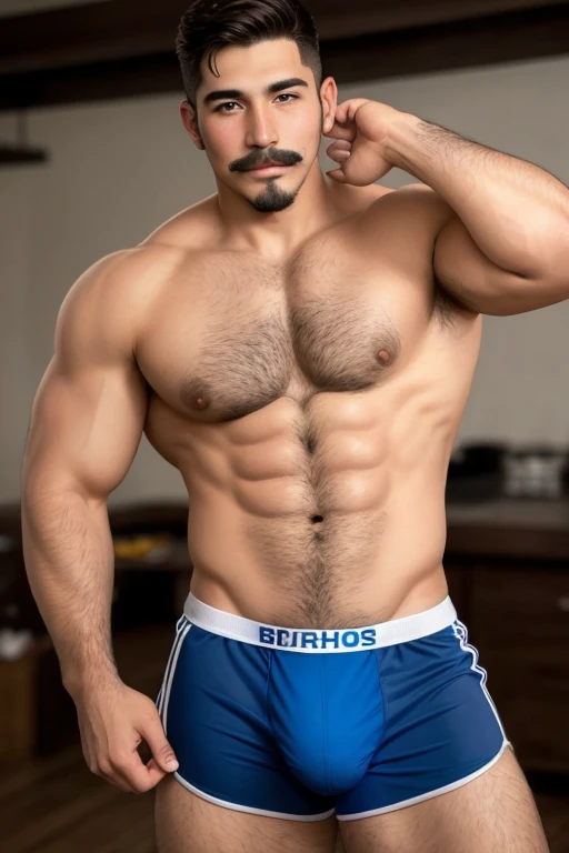 Hombre muy guapo y muy musculoso en boxer y con barba y bigote corto y labios hermosos 