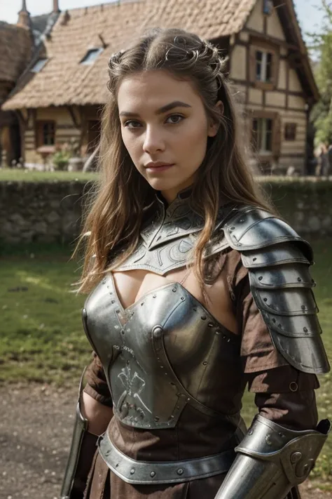 
delicate, poudre de contour, en armure viking (Metal armor, parements en cuirs et en fourrure), intricate details, French touch, maquillage guerrier noir sous les yeux, cheveux de longueur moyenne, cheveux blonds, bonne couverture, en plein air (village v...