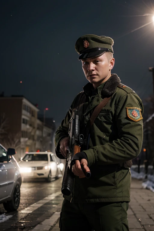 a russian soldier shooting his ak47 in the battle