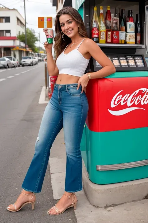 Arafian woman leaning on a coke machine in a restaurant, Daisy Dukes, En el mostrador, chica sexy con pantalones cortos, Teniente Greg Spalenka, Outside a salon, “gas station photography, vistiendo pantalones cortos de mezclilla, piernas jugosas, Bottom an...