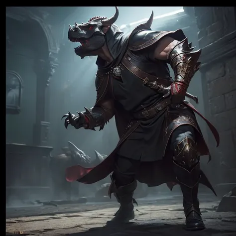 (master piece:1.5), (best quality:1.5), (exquisite lighting and shadow, highly dramatic picture, cinematic lens effect) (Photorealistic picture) (Card game image) 8k, wallpaper, dynamic pose, full body red eyes triceratops man wizard wearing a black tunic,...