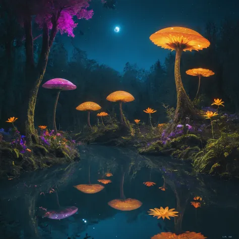 paysage extraterrestre, Jardins flottants ornés de fleurs exotiques, Lac semblable à un miroir reflétant la forêt environnante , Alien Flora, clair de lune, black light makeup, Super éclairage,