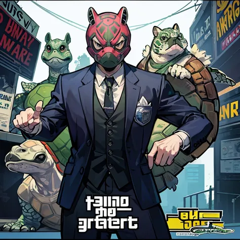 Generates a Grand Theft Auto style image/poster that a person with a turtle mask with a suit in gta v with a team of animals behind