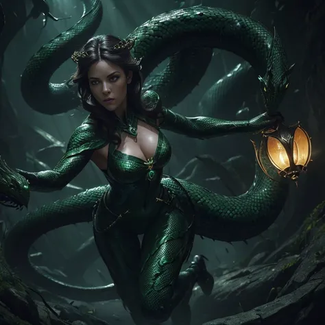 (master piece:1.5), (best quality:1.5), (exquisite lighting and shadow, highly dramatic picture, cinematic lens effect) (Photorealistic picture) (Card game image) 8k, wallpaper, dynamic pose, full body serpent lady, half serpent lady, green eyes, dark dung...