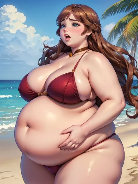 Fat pregnant Anna, opened mouth, long hair, eyeshadow, blushed, big cheeks, bikini, Big lips, double chin, chubby body,bbw, morbidly obese, fat rolls, pregnant belly, weight gain, beach