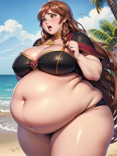 Fat pregnant Anna, opened mouth, long hair, eyeshadow, blushed, big cheeks, bikini, Big lips, double chin, chubby body,bbw, morbidly obese, fat rolls, pregnant belly, weight gain, beach