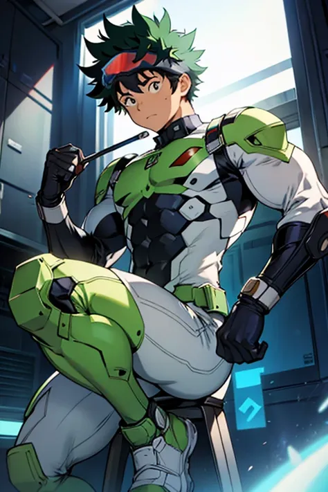 besides, the suit has metal protectors on the elbows and knees, as well as a transparent visor that covers izuku&#39;s eyes,