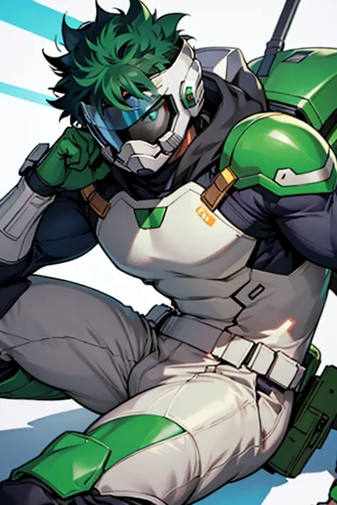 Besides, The suit has metal protectors on the elbows and knees, as well as a transparent visor that covers Izuku&#39;s eyes,