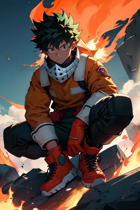 izuku midoriya&#39;s fire-related suit could include the following elements:

- un traje ajustado de color rojo con detalles en ...