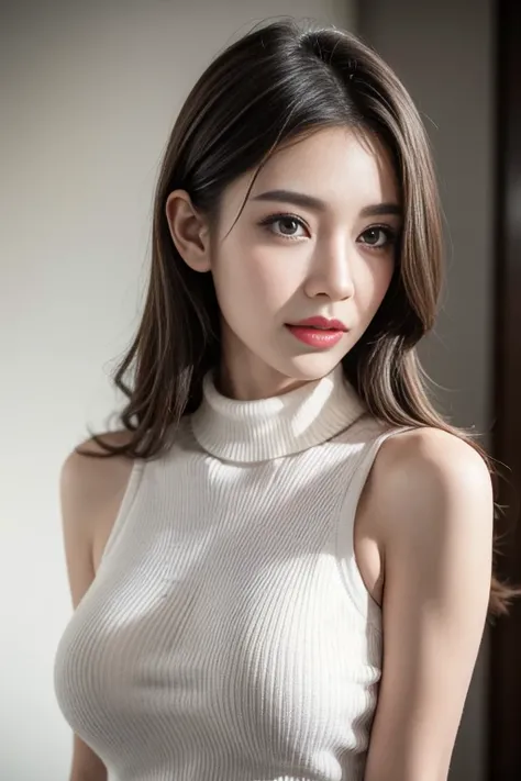 Photo of a beautiful woman ,(White sleeveless turtleneck sweater with open chest., rift:1.2) , Thin body, Beautiful picture, Shiny skin ,detailed face, Detailed eyes, black eyes, glossy lips , big breast, Extremely detailed, A delicate smile, (Very good, e...