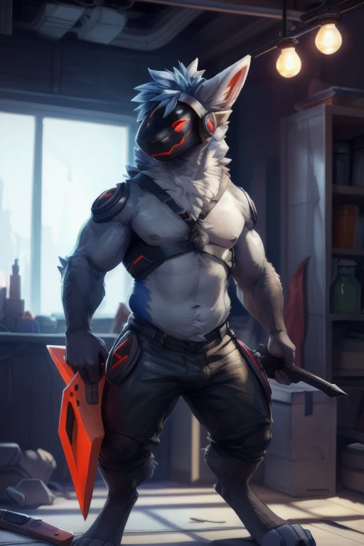 (( A Light Blue fur protogen furry character with dark red eyes looking very angry and holding some type of weapon pointing it towards another furry protogen who is also in the same room as him being held with the weapon to their head with an evil look in ...