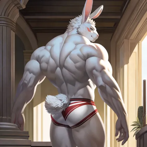 Medium muscular, rabbit, light gray, light gray rabbit, rabbit in underwear, white underwear, underwear in one color, white color, all white underwear, long ears, from back, back view, posing, with short tail, tail, rabbit tail, bunny, bunny tail, anatomy,...