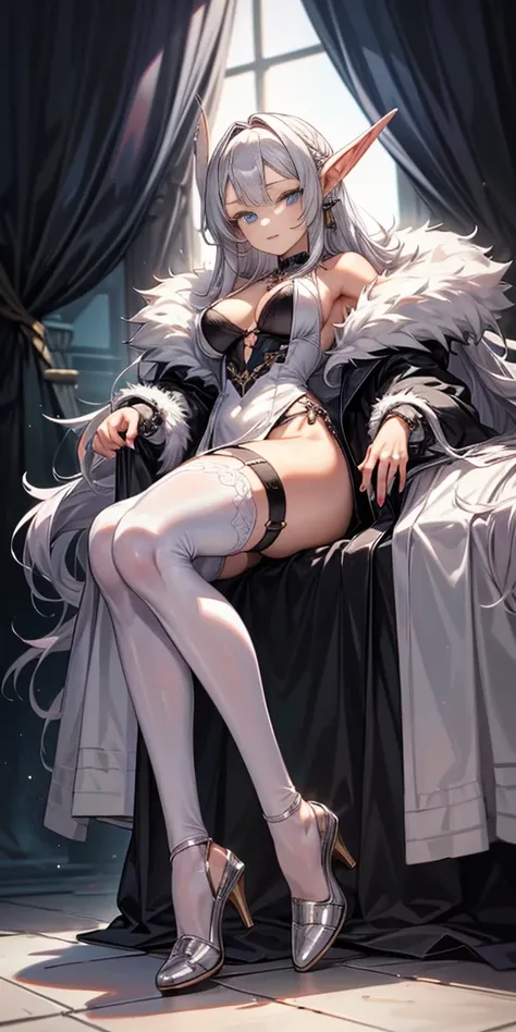 Pirotess dark elf. 1girl, white silver long hair, tellow eyes, white dress, black stockings, white high heels, jewelry necklace, fur coat, portrait