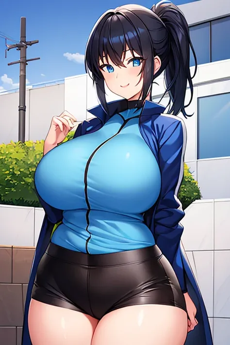 1girl, hourglass figure, mature female, milf, large breasts, ponytail, blue jacket, black hair, blue eyes, smile, black pants, short, white shirt, jacket, pants, long ponytail, large ponytail, very short hair, pixie cut