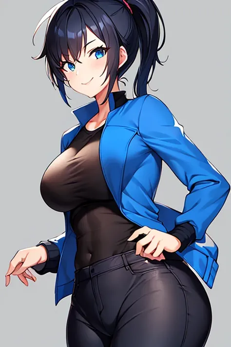 1girl, hourglass figure, mature female, milf, large breasts, ponytail, blue jacket, black hair, blue eyes, smile, black pants, short, white shirt, jacket, pants, long ponytail, large ponytail, very short hair, pixie cut