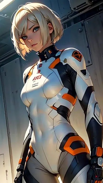 Beautiful cybernetic girl looking at camera in underwear battlesuit detailed muscles realistic masterpieces dynamic poses sandy blonde white hair  bob cut