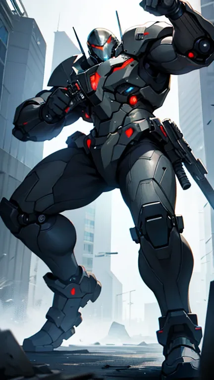 Mobile cybernetic battlesuit looking at camera with guns detailed muscles realistic masterpieces dynamic poses 