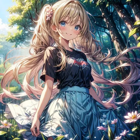 highest quality、anime、T-Shirts、Long skirt、cute、Blonde、Beautiful girl with twin tails、Flower Field、、blue sky、in the forest、happy smile