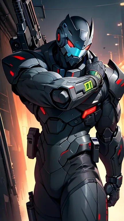 Mobile cybernetic battlesuit looking at camera with guns detailed muscles realistic masterpieces dynamic poses 