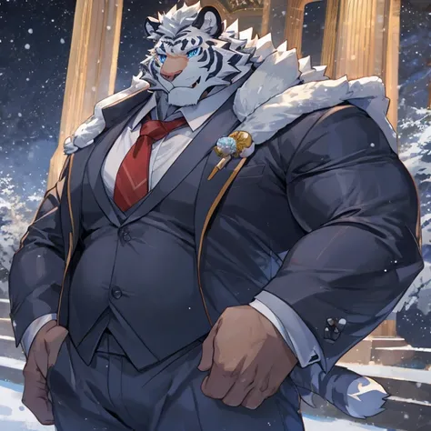 ((best quality)), ((masterpiece)), (detailed), perfect face, bara furry, white tiger man, big body,  short quiff grey hair, blue eyes, perfect eyes, handsome , tie, white tiger, elegant, handsome, big pecs, muscular, muscles remarked in the fabric of the s...