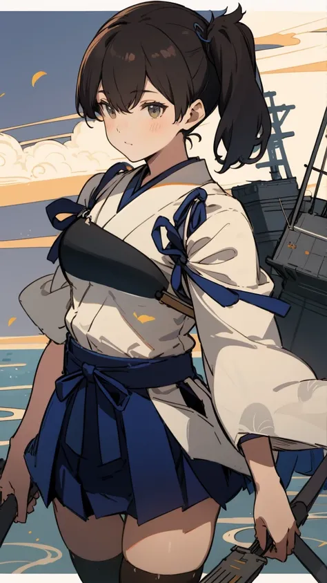 (masterpiece, highest quality) detailed, kaga (kancolle), {{kaga kai ni (kancolle)}}, side ponytail, brown eyes, black long hair, black thighhighs, short skirt, hakama skirt, japanese clothes, , blue hakama, hakama, muneate, tasuki, whole body,Chinese elem...