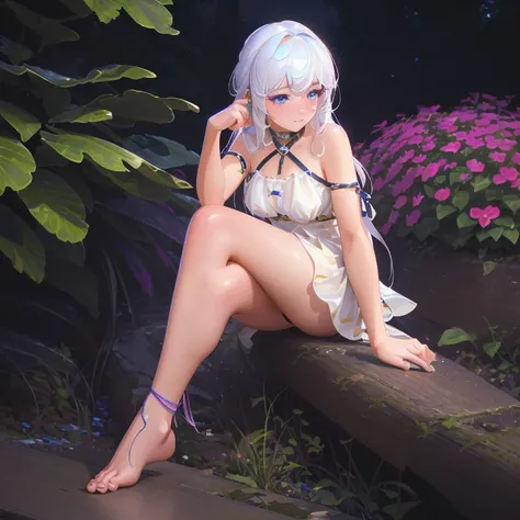 (best quality,4k,8k,highres,masterpiece:1.2),ultra-detailed,(realistic,photorealistic,photo-realistic:1.37),illustration,soft lighting,a girl with white hair,deep purple eyes,glowing eyes,sitting down,barefoot,face blushing,in a garden at night,flowers.