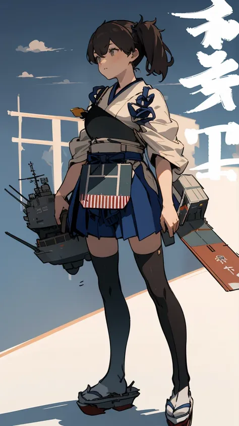 (masterpiece, highest quality) detailed, kaga (kancolle), {{kaga kai ni (kancolle)}}, side ponytail, brown eyes, black long hair, black thighhighs, short skirt, hakama skirt, japanese clothes, , blue hakama, hakama, muneate, tasuki, whole body,Chinese elem...