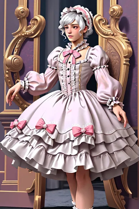 a pumped-up man is wearing a dress, rococo frilly dress, dress in the style of rococo, Baroque dress, intricate fantasy dress, ornate A frilly dress, Romantic dress, A frilly outfit, fantasy dress, A frill, Lolita Style, Ceremonial dress, ((Lolita Fashion)...