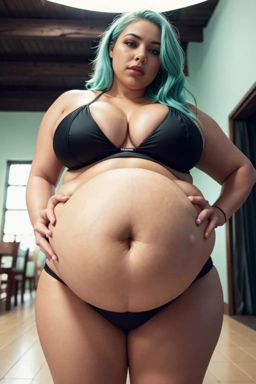 realistic photo of beautiful woman with green hair hair roots slightly faded spanish influencer sexy full body, beer belly, big sagging breast, saggy breast, thick thighs, wide hips, big round ass, afternoon, fisheye lens, establishing shot, pastel color g...