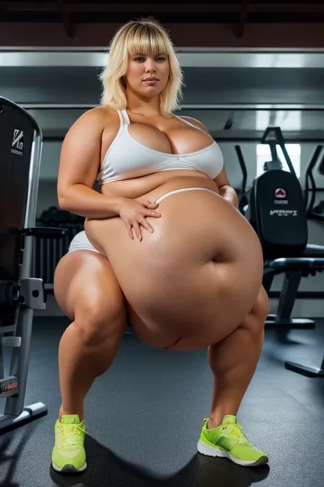 (Full body view: 1.4), (full of the body: 1.4), RAW UHD portrait photo of a 24-year-old blonde (brown-eyed woman) in gym , large breasts,,  at night, (shorts), (slim top), details (textures! , hair! , glitter, color!! , disadvantages: 1.1), glossy eyes wit...