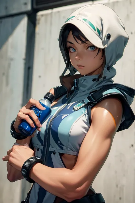 Masterpiece, tomboy, very short hair, tan, ((tanned skin)), defined arms, muscular arms, medium , hood, green eye, blue eye, square, park, holding bottle, cold bottle,